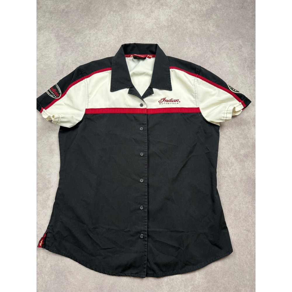 Indian Motorcycle Women L Black Red Short Sleeve Button Shirt Retro Patches